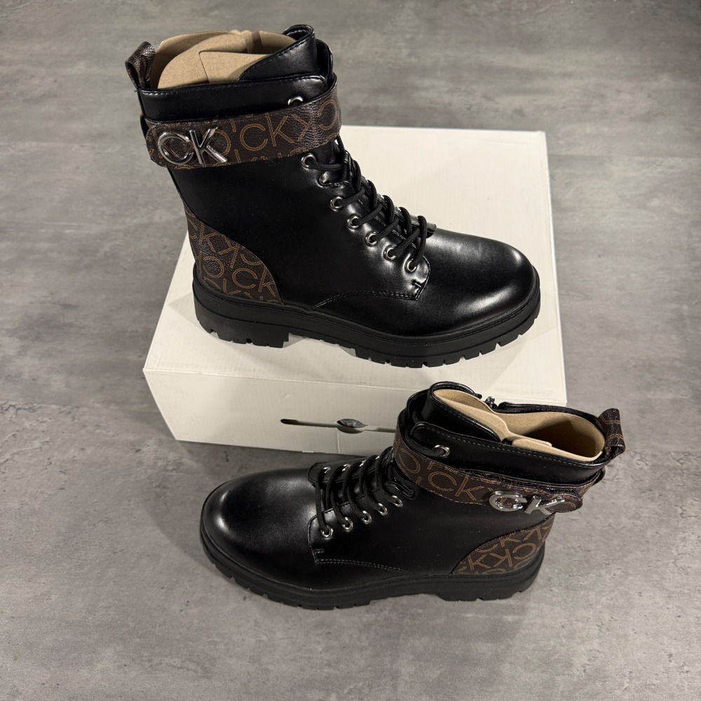Calvin Klein Boots Womens 8.5 Prescot Black Brown Monogram Lug Sole Combat NEW